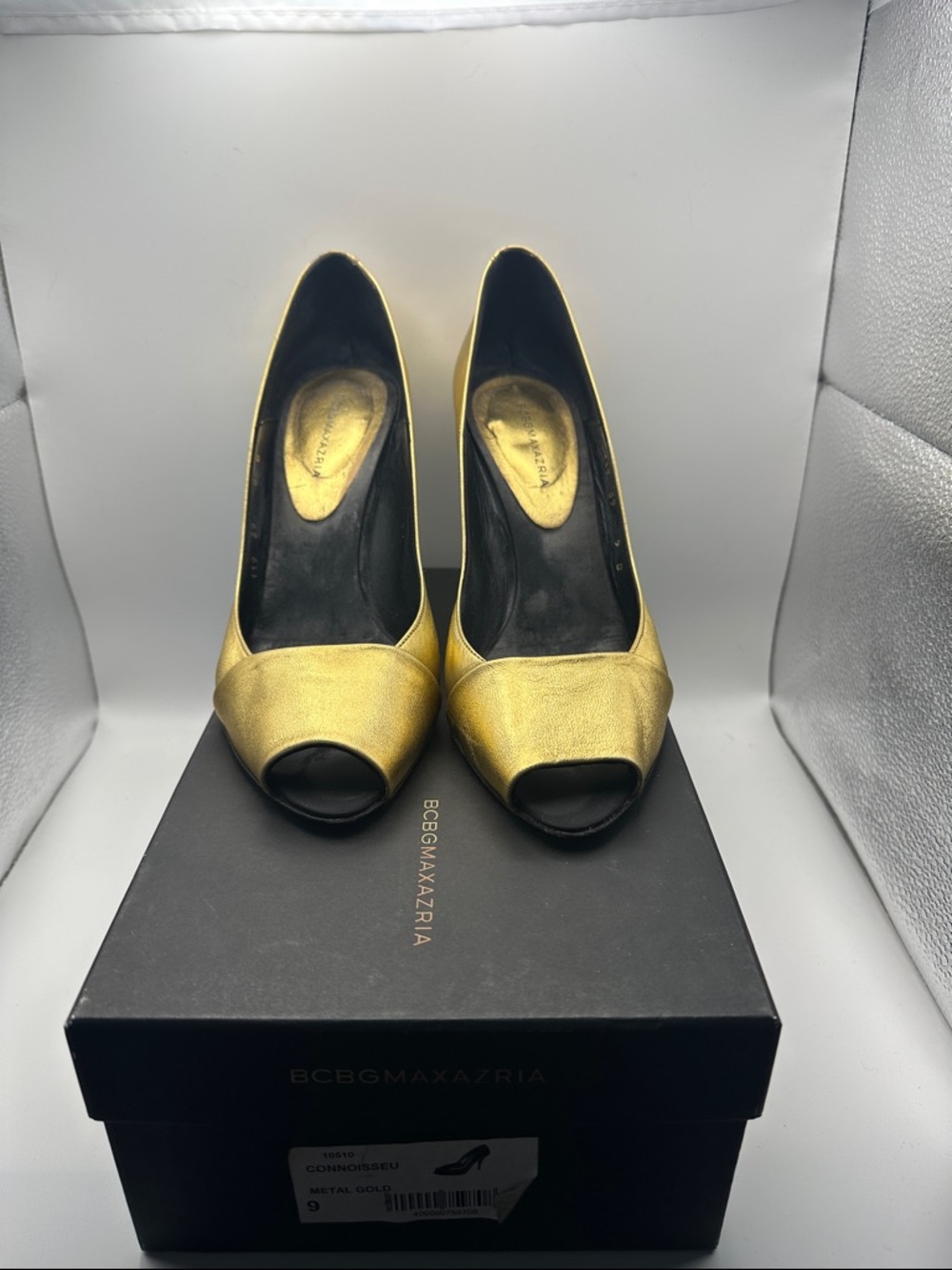 BCBGMAXAZRIA Gold Leather Peep-Toe Pumps